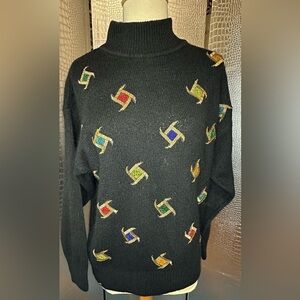 Women's Vintage I.B. Black Turtleneck Holiday Sweater with Colorful Accents